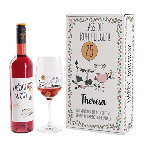 Herz & Heim® Lustiges Party-Geburtstagsgeschenk mit Lieblingswein und bedrucktem Leonardo Weinglas in Geschenkverpackung Rosé, Lass die Kuh fliegen! von Herz & Heim