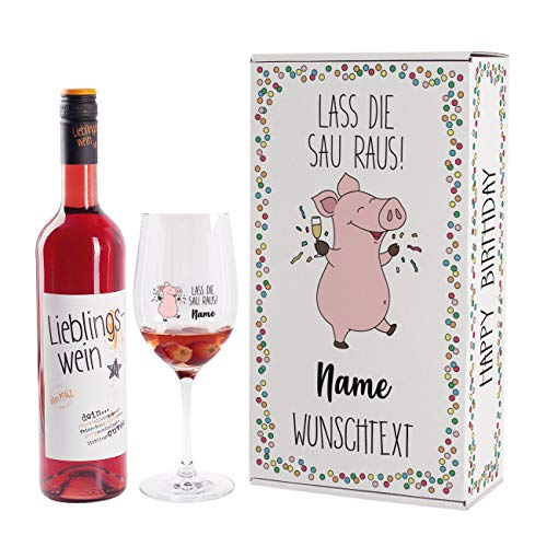 Herz & Heim® Lustiges Party-Geburtstagsgeschenk mit Lieblingswein und bedrucktem Leonardo Weinglas in Geschenkverpackung Rosé, Lass die Sau raus! von Herz & Heim