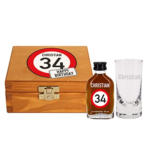 Herz & Heim® Männer Geschenk Set -Happy Birthday- / Motiv: Verkehsschild/mit Geschenkbox, Schnappsglas und Kräuerschnapps/mit Wunschname und Alter von Herz & Heim