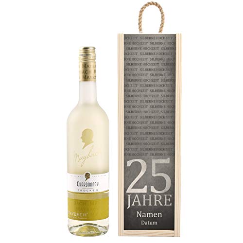 Herz & Heim® Maybach Stilvolles Wein-Geschenk zur Silbernen Hochzeit mit personalisierter Weinkiste - Weißwein zur Auswahl Chardonnay von Herz & Heim