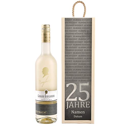 Herz & Heim® Maybach Stilvolles Wein-Geschenk zur Silbernen Hochzeit mit personalisierter Weinkiste - Weißwein zur Auswahl Grauer Burgunder/Rivaner von Herz & Heim