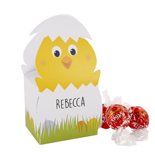 Herz & Heim® Osterküken mit 3 Lindt Lindor Kugeln ein handgefertigtes Ostergeschenk mit Wunschnamen personalisiert von Herz & Heim