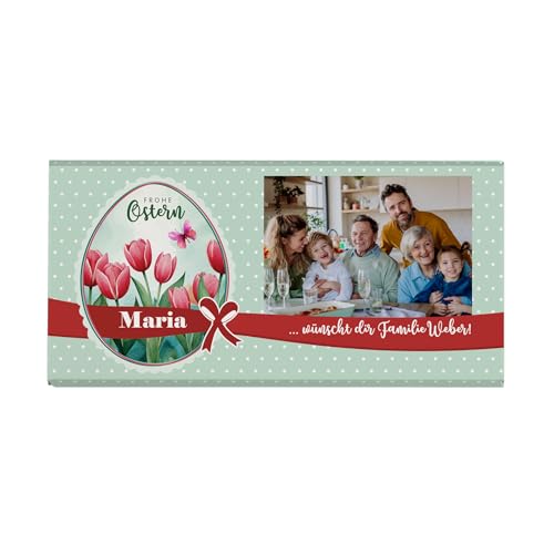 Herz & Heim® Personalisierte Osterschokolade – Geschenk mit individuellem Wunschtext – 100g Leckere Vollmilchschokolade – Süße Osterüberraschung für Kinder & Familie (100 g, Tulpen) von Herz & Heim