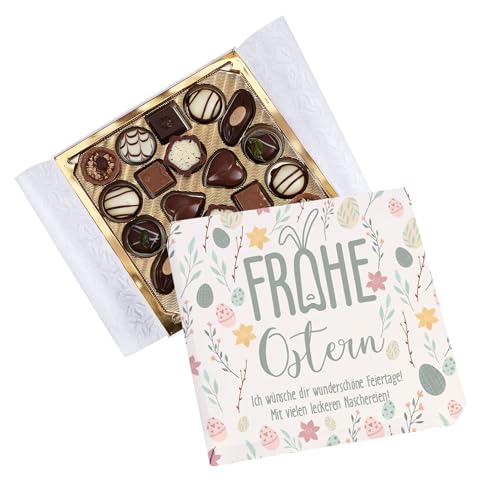 Herz & Heim® Personalisierte Pralinenbox zu Ostern – Pralinen 100g – Osterhase Design – Geschenkidee mit Wunschtext – Individuelle Ostergrüße für Familie, Freunde & Kollegen (100 g, Frohe Ostern) von Herz & Heim