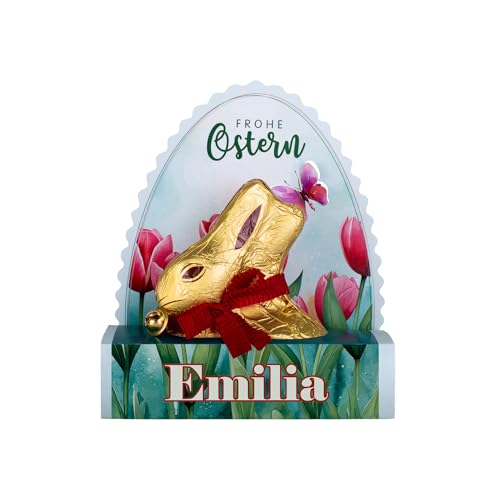 Herz & Heim® Personalisierter Schokoladen-Osterhase – Individuelle Geschenkverpackung mit Name – Ostergeschenk mit liebevollem Design – 100 g Vollmilch-Schokoladenhase – Geschenkidee zu Ostern von Herz & Heim