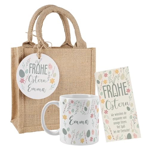 Herz & Heim® Personalisiertes Ostergeschenk-Set mit Name & Wunschtext – Tasse, Schokolade & Jute-Geschenktüte mit Anhänger – Individuelle Geschenkidee zu Ostern für Kinder & Erwachsene von Herz & Heim