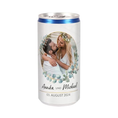 Herz & Heim® Seccodose 200ml mit personalisierter Banderole zur Hochzeit, Motivwahl, Geschenkidee (Eukalyptus mit Foto) von Herz & Heim