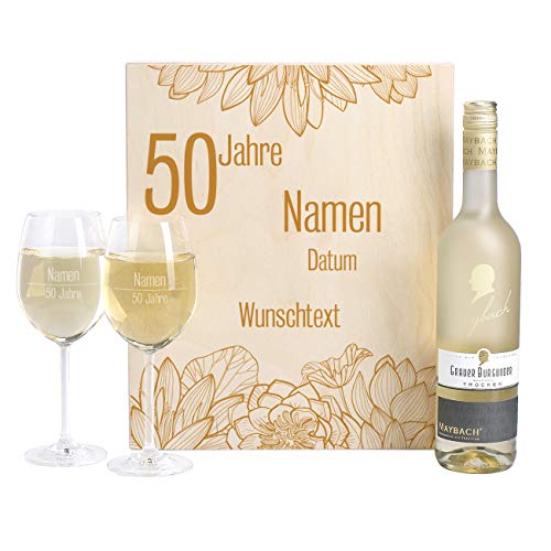 Herz & Heim® Stilvolles Wein-Geschenk zur Goldenen Hochzeit mit gravierten Leonardo Weingläsern und Maybach Weißwein zur Auswahl in Weinkiste Grauer Burgunder/Rivaner von Herz & Heim