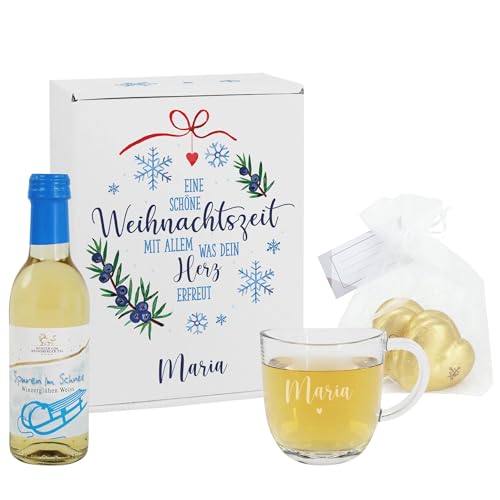 Herz & Heim® Weihnachtliches Geschenkset mit Glühwein, graviertem Glas und Geschenkbox, personalisiert (Eine schöne Winterzeit) von Herz & Heim