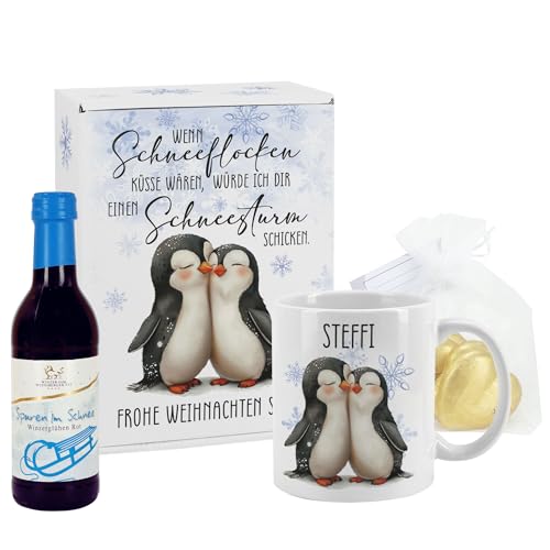 Herz & Heim® Weihnachtliches Geschenkset mit Glühwein, graviertem Glas und Geschenkbox, personalisiert (Rot - Schneeflocken Küsse) von Herz & Heim