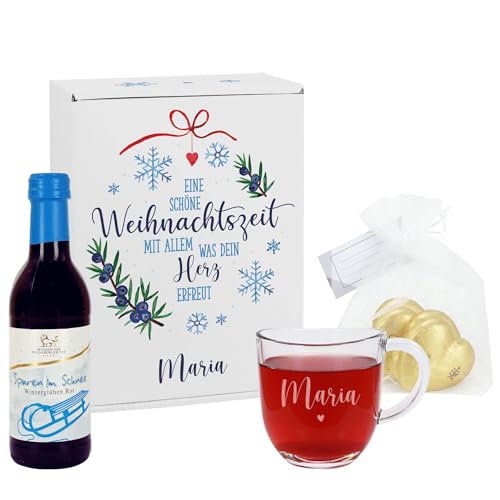 Herz & Heim® Weihnachtliches Geschenkset mit Glühwein, graviertem Glas und Geschenkbox, personalisiert (Rot - Schöne Weihnachtszeit) von Herz & Heim