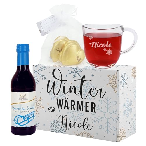 Herz & Heim® Weihnachtliches Geschenkset mit Glühwein, graviertem Glas und Geschenkbox, personalisiert (Rot - Winterwärmer) von Herz & Heim