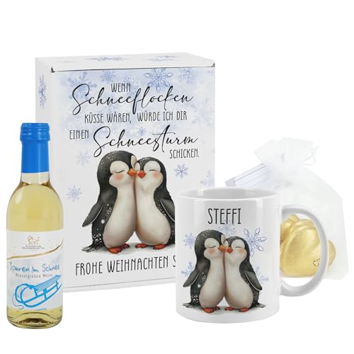 Herz & Heim® Weihnachtliches Geschenkset mit Glühwein, graviertem Glas und Geschenkbox, personalisiert (Wenn Schneeflocken Küsse wären) von Herz & Heim