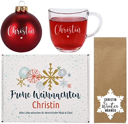 Herz & Heim® Weihnachtliches Geschenkset mit gravierter Christbaumkugel, graviertem Teeglas und 100g Früchtetee/mit Wunschname und -text von Herz & Heim