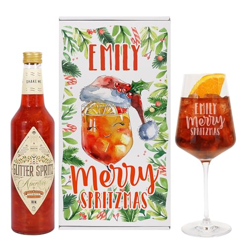 Herz & Heim® Weihnachts-Geschenkset Merry Spritzmas mit 0,7l Aperol und gravierten Glas (Glitter Spritz) von Herz & Heim