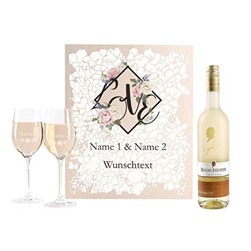 Herz & Heim® Wein-Geschenk zur Hochzeit mit gravierten Leonardo Weingläsern und Maybach Weißwein zur Auswahl in Love Weinkiste Weißer Burgunder von Herz & Heim