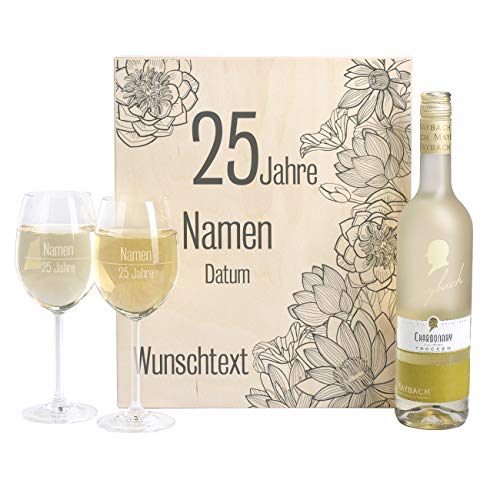 Herz & Heim® Wein-Geschenk zur Silbernen Hochzeit mit gravierten Leonardo Weingläsern und Maybach Weißwein zur Auswahl in Weinkiste Chardonnay von Herz & Heim