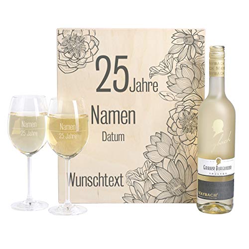 Herz & Heim® Wein-Geschenk zur Silbernen Hochzeit mit gravierten Leonardo Weingläsern und Maybach Weißwein zur Auswahl in Weinkiste Grauer Burgunder/Rivaner von Herz & Heim