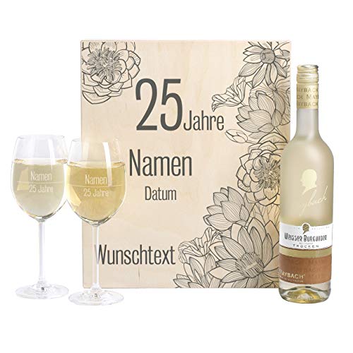 Herz & Heim® Wein-Geschenk zur Silbernen Hochzeit mit gravierten Leonardo Weingläsern und Maybach Weißwein zur Auswahl in Weinkiste Weißer Burgunder von Herz & Heim