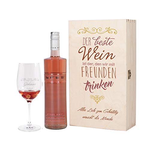 Herz & Heim® Wein Geschenkset mit graviertem Weinglas, Bree Wein zur Auswahl in Geschenkbox für Beste Freunde Rosé von Herz & Heim