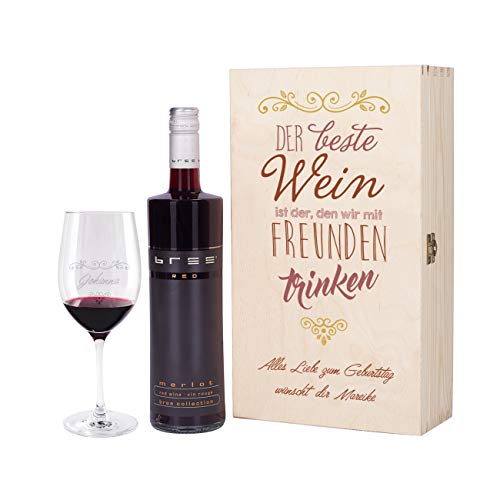 Herz & Heim® Wein Geschenkset mit graviertem Weinglas, Bree Wein zur Auswahl in Geschenkbox für Beste Freunde Rot von Herz & Heim