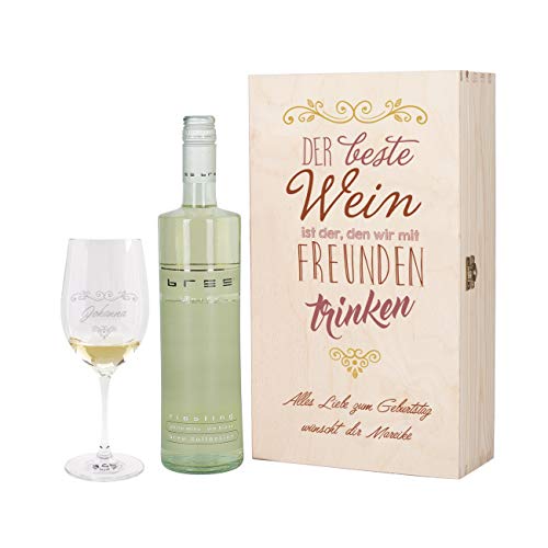 Herz & Heim® Wein Geschenkset mit graviertem Weinglas, Bree Wein zur Auswahl in Geschenkbox für Beste Freunde Weiß von Herz & Heim