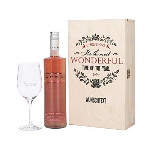 Herz & Heim® Wein Geschenkset zu Weihnachten mit Leonardo Weinglas mit Gravur und BREE Wein zur Auswahl in Geschenkverpackung Rosé von Herz & Heim