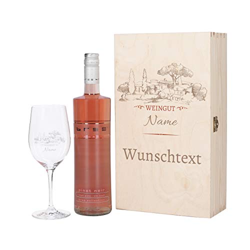 Herz & Heim® Weinset - Motiv Weingut - mit graviertem Weinglas und Bree Wein zur Auswahl in Premium Geschenkverpackung Rosé von Herz & Heim