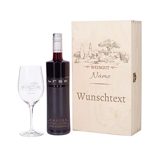 Herz & Heim® Weinset - Motiv Weingut - mit graviertem Weinglas und Bree Wein zur Auswahl in Premium Geschenkverpackung Rot von Herz & Heim