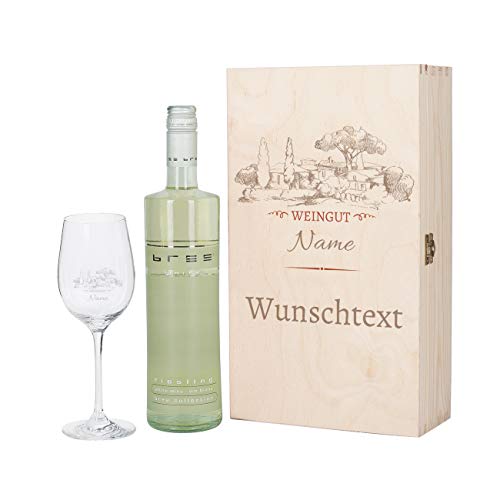 Herz & Heim® Weinset - Motiv Weingut - mit graviertem Weinglas und Bree Wein zur Auswahl in Premium Geschenkverpackung Weiß von Herz & Heim