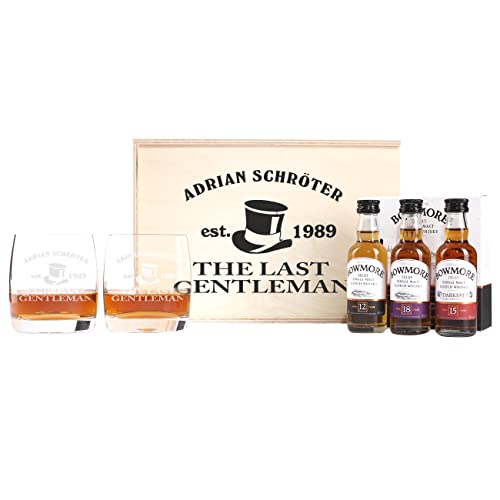 Herz & Heim® Whiskey Geschenk Set Bowmore mit Gratis Gravur der Gläser - The Last Gentleman - zum Vatertag oder Weihnachten von Herz & Heim