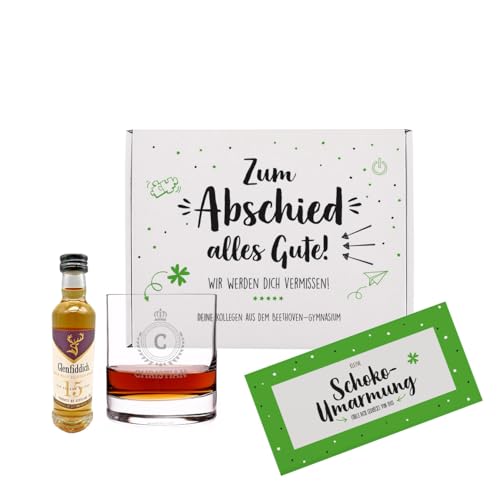 Herz & Heim® Whisky Geschenkset zum Abschied für Kollegen -Zum Abschied-, 4-teilig, personalisiert von Herz & Heim