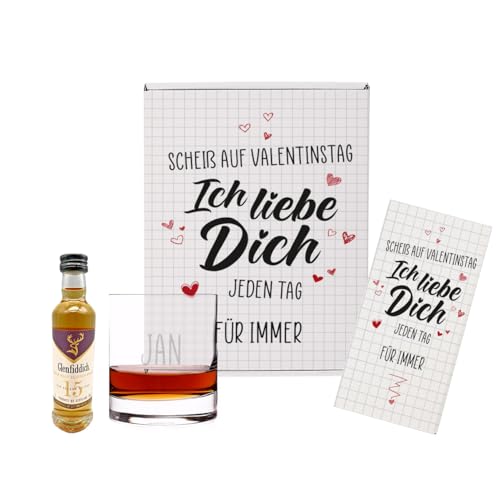 Herz & Heim® Whisky Set zum Valentinstag mit Whiskyglas, Schokolade und 0.05l Whisky Fläschen, personalisiert von Herz & Heim