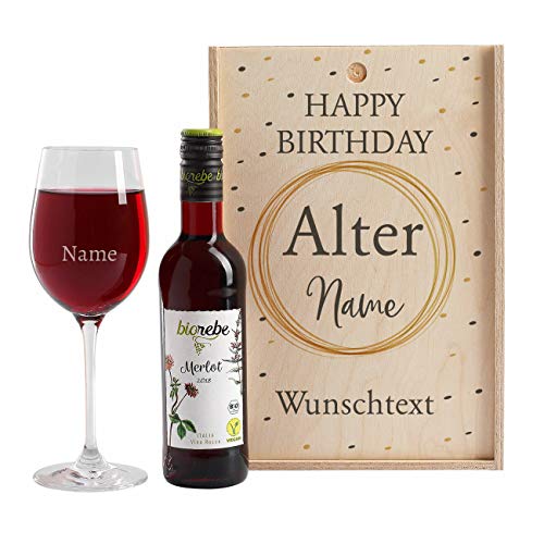 Herz & Heim® tolles Wein-Geschenk zum Geburtstag mit graviertem Weinglas und Wein zur Auswahl in Weinkiste Merlot von Herz & Heim