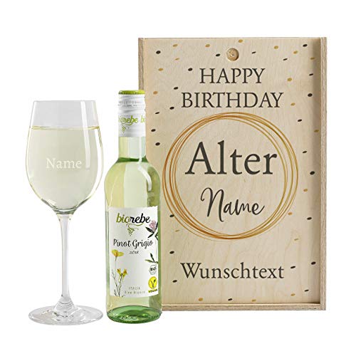 Herz & Heim® tolles Wein-Geschenk zum Geburtstag mit graviertem Weinglas und Wein zur Auswahl in Weinkiste Pinot Grigio von Herz & Heim