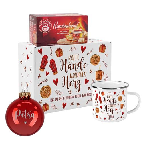 Herz & Heim® weihnachtliches Geschenkset bestehend aus Geschenkbox, Emaille Tasse, Tee und Christbaumkugel - Motivauswahl (Kugel Rot - Herz) von Herz & Heim