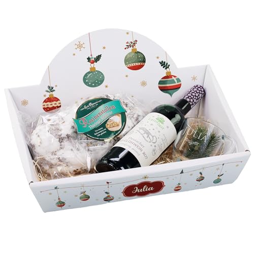 Herz & Heim® weihnachtliches Geschenkset mit Stollen, Glühwein und graviertem Glas, Motivauswahl, personalisiert (Christbaumkugeln) von Herz & Heim