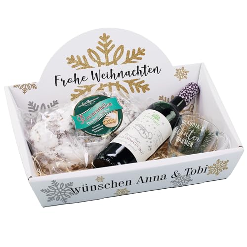 Herz & Heim® weihnachtliches Geschenkset mit Stollen, Glühwein und graviertem Glas, Motivauswahl, personalisiert (Frohe Weihnachten) von Herz & Heim