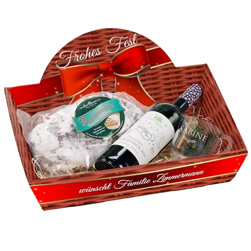 Herz & Heim® weihnachtliches Geschenkset mit Stollen, Glühwein und graviertem Glas, Motivauswahl, personalisiert (Frohes Fest) von Herz & Heim