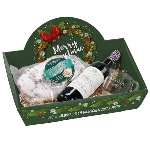 Herz & Heim® weihnachtliches Geschenkset mit Stollen, Glühwein und graviertem Glas, Motivauswahl, personalisiert (Merry Christmas) von Herz & Heim