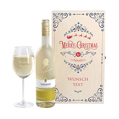 Herz & Heim® weihnachtliches Wein-Geschenk mit graviertem Weinglas und Maybach Weißwein zur Auswahl in Weinkiste Chardonnay von Herz & Heim