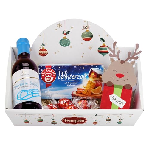 Kleiner Geschenkkorb zu Weihnachten gefüllt mit Tee, Glühwein und Schokolade (Rotwein - Christbaumkugeln) von Herz & Heim