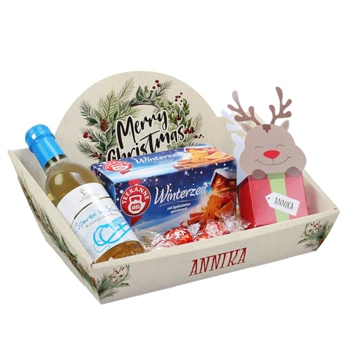 Kleiner Geschenkkorb zu Weihnachten gefüllt mit Tee, Glühwein und Schokolade (Rotwein - Merry Christmas) von Herz & Heim