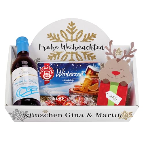 Kleiner Geschenkkorb zu Weihnachten gefüllt mit Tee, Glühwein und Schokolade (Rotwein - Schneeflocke) von Herz & Heim