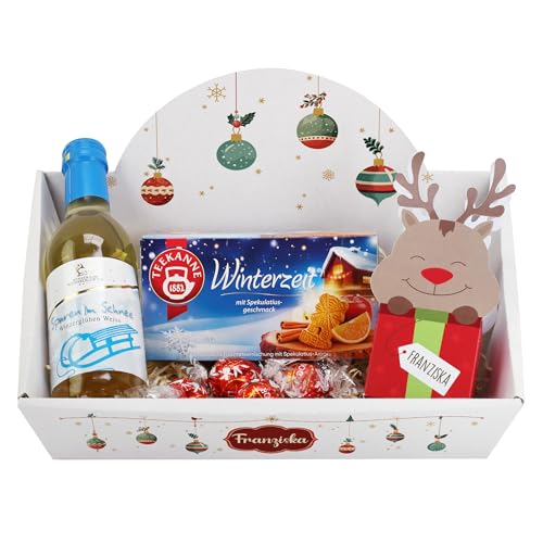 Kleiner Geschenkkorb zu Weihnachten gefüllt mit Tee, Glühwein und Schokolade (Weißwein - Christbaumkugeln) von Herz & Heim