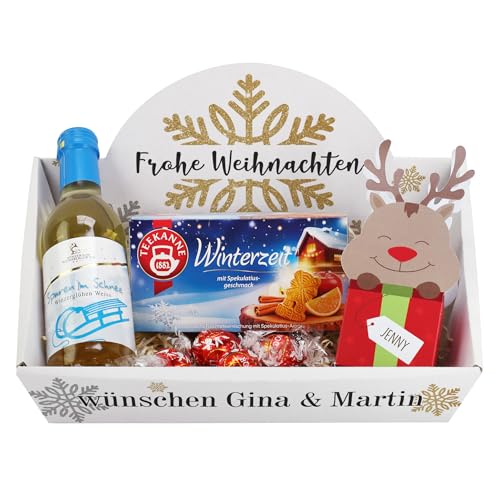 Kleiner Geschenkkorb zu Weihnachten gefüllt mit Tee, Glühwein und Schokolade (Weißwein - Schneeflocke) von Herz & Heim