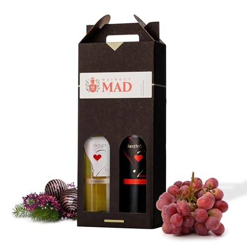 Weingut MAD Wein-Geschenk-Set 'Herztröpferl' | 1 Rot-Wein halbtrocken & 1 Weiß-Wein lieblich | Geschenke für Wein-Liebhaber | Wein-Geschenke für Frauen & Männer | Wein-Präsent von Herztröpferl