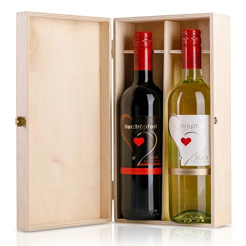 Weingut MAD Wein-Geschenk-Set 'Herztröpferl' | 1 Rot-Wein halbtrocken & 1 Weiß-Wein lieblich in Holzkiste | Geschenke für Wein-Liebhaber | Wein-Geschenke für Frauen & Männer | Wein-Präsent von Herztröpferl