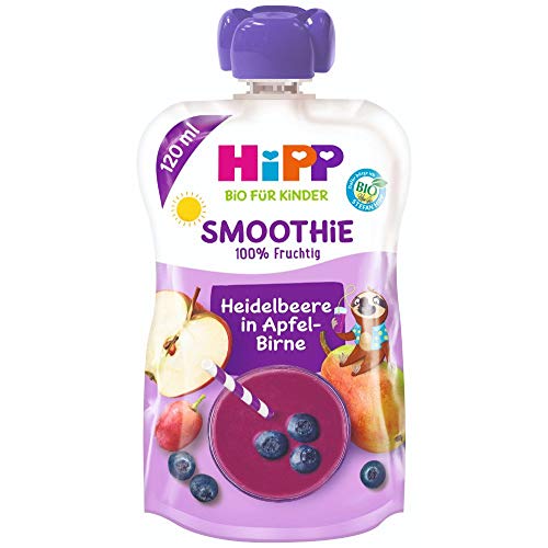 HiPP Smoothie Mix im Quetschbeutel, Heidelbeere in Apfel-Birne, 100% Bio-Früchte ohne Zuckerzusatz, 6 x 120 ml Beutel von HiPP