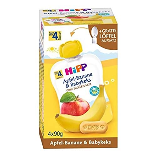 HiPP Bio Frucht und Getreide im Quetschbeutel für Babys Apfel-Banane plus Babykeks, 1er Pack (1 x 4 x 90 g) von HiPP